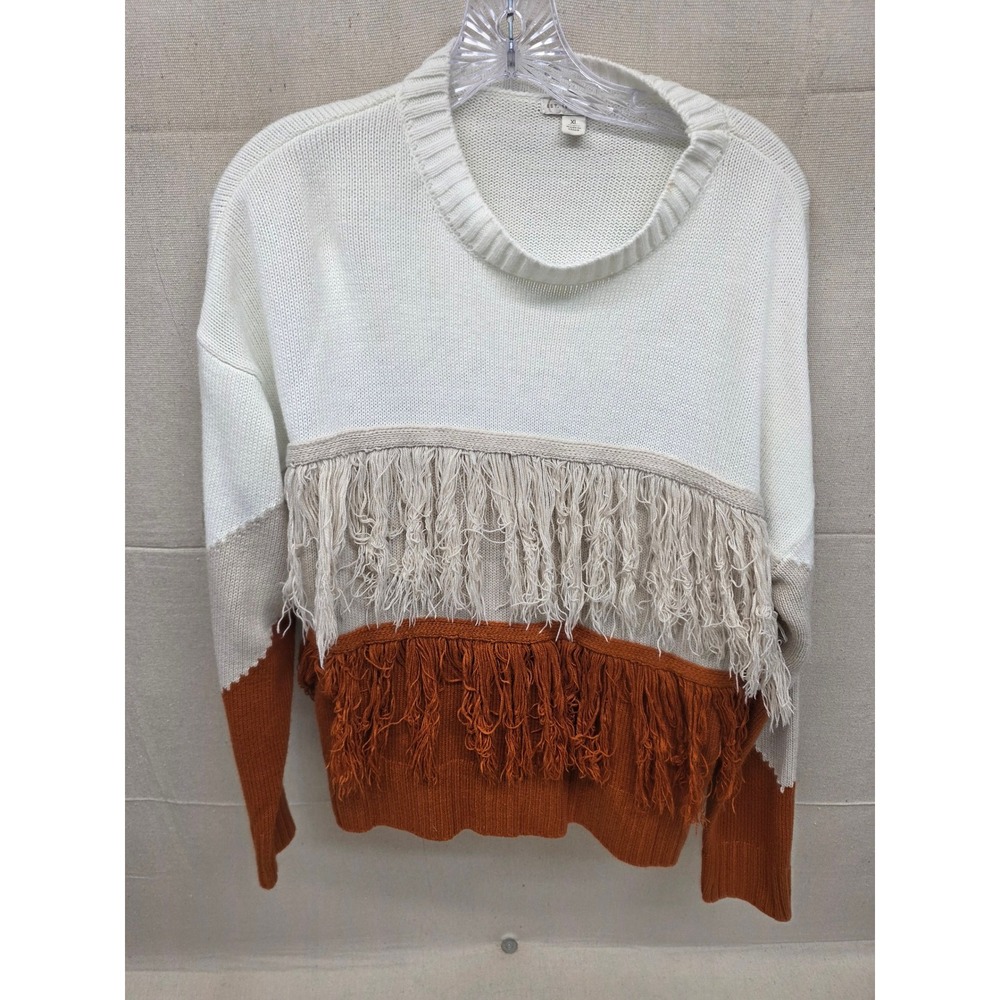 Est. 1946 Womens XL Colorblock Fringe Knit Sweater Cream Tan‎ Rust Orange Boho